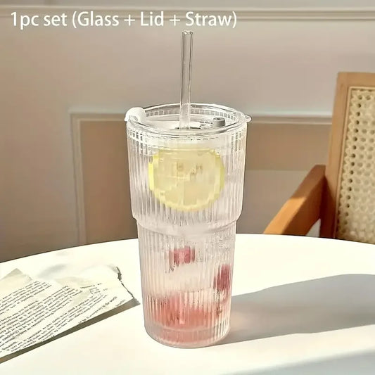 1/2st 600ml Stripe Glass Cup med Lid och Straw - Transparent Juice, Vatten, och Iced Coffee Dricksglas