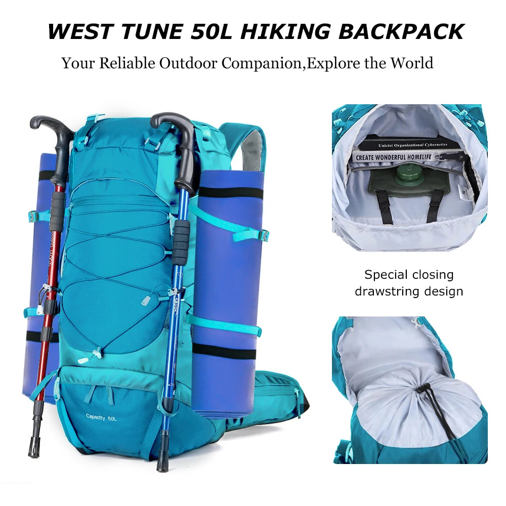 WESTTUNE 50L Vattentät Vandring Ryggsäck med regnskydd – Multifunktionell Outdoor Travel & Mountaining Bag