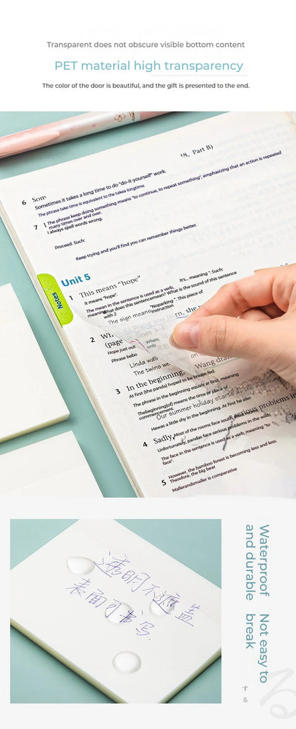 50 Plåt Transparent Sticky Notes – Vattentäta Meddelande & Signatur Stickers för Anteckningsböcker