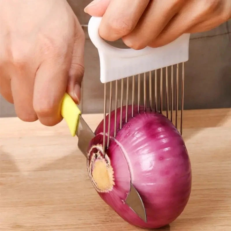 304 Stainless Steel Onion Slicer Holder – Vegetable Cutting Fork & Food Slicing Guide for Onions, Tomatoes, Potatoes & Meat